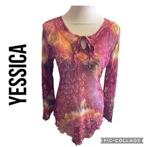 Yessica Women’s Boho Sheer Mesh Long Sleeve Festival Blouse Size Large
